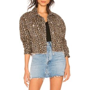 Free People Cropped Cheetah / Leopard Denim Jacket Tan & Brown Animal Print Sz L